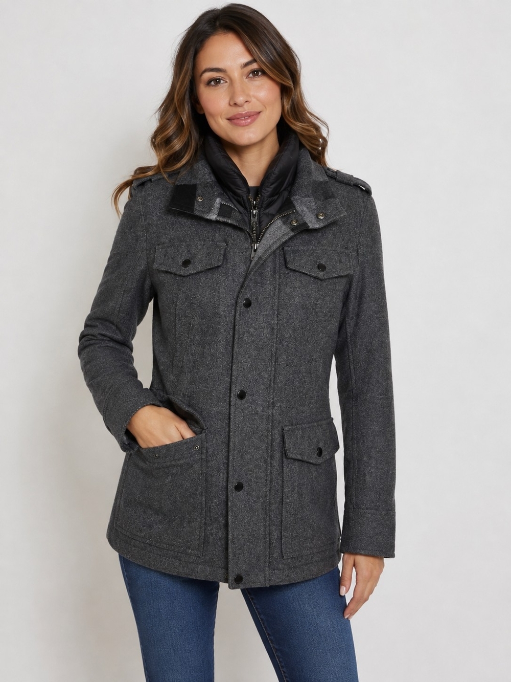 GUESS Women’s XS Gray Wool-Blend Military Field Jacket Quilted Liner